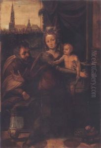 Saint Joseph, La Vierge Et L'enfant Dans Un Interieur Avec La Cathedrale D'anvers Sur L'arriere-plan