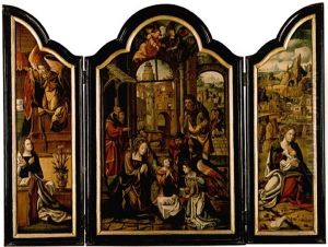 The Adoration Of The Christ Child, Flanked By The Annunciation And The Rest On The Flight Into Egypt