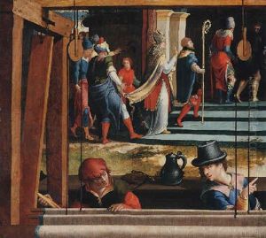 Saint Severus Entering A Church, Weavers At Work In The Foreground by Pieter Ii Coecke Van Aelst