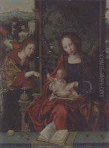The Virgin And Child Enthroned, With The Angel Gabriel Proffering A Lily by Pieter Ii Coecke Van Aelst