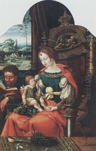 The Holy Family In An Interior, A Still Life Of A Lily, Cherries, Grapes And A Sliced Lemon On A Ledge In The Foreground by Pieter Ii Coecke Van Aelst