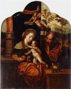 The Holy Family With An Angel Crowning The Virgin, A Landscape Beyond by Pieter Ii Coecke Van Aelst