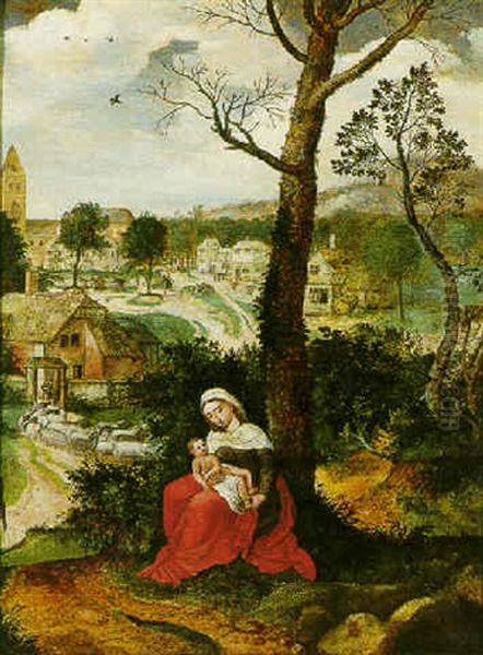 The Madonna And Child In A Wooded Landscape, A Village Scene Behind - view 1
