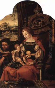 Madonna And Child Enthroned With Saint Joseph Reading by Pieter Ii Coecke Van Aelst
