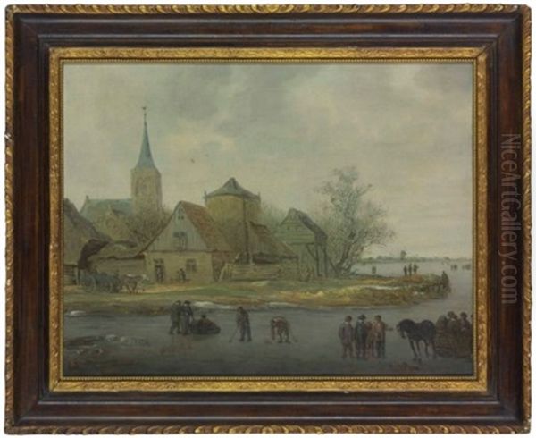 A Winter River Landscape With Figures Playing Kolf And Conversing Before A Village - view 1