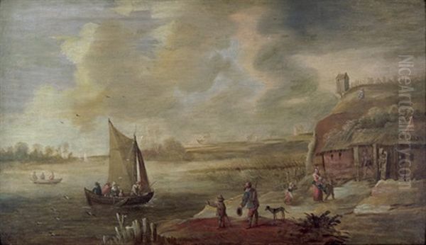 Niederlandische Flusslandschaft Mit Kleinem Segelboot - view 1