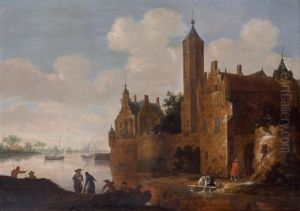 Paysage De Riviere Avec Une Forteresse Sur La Droite