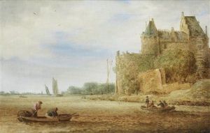 A River Landscape With Fishermen In Boats And A Walled Town In The Distance by Jan Coelenbier
