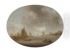 A River Landscape With Figures In Rowing Boats Near A Jetty, Sailing Vessels And A Castle Beyond