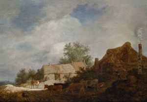 Dunenlandschaft Bei Haarlem Mit Einer Rinderherde Vor Einem Gehoft