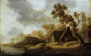 Bauernhauser An Einem Flus Mit Reisenden Und Anglern Bauernhauser An Einem Flus Mit Reisenden Und Anglern