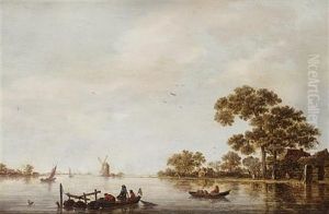 A River Landscape With Fishermen In Their Boats And Figures On The Shore, Shipping Beyond