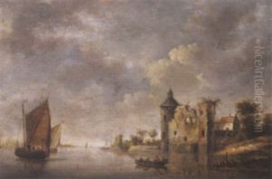 Hollandisches Flusslandschaft Mit Einem Verfallen Kastell Und Booten Hollandisches Flusslandschaft Mit Einem Verfallen Kastell Und Booten