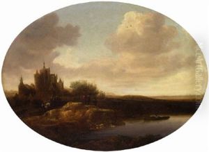 River Landscape With A Horse Drawn Cart And Figures On A Bank, A Fisherman Nearby by Jan Coelenbier