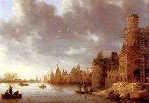 A River Landscape With Fishermen On The Embankment Of A Fortified Town, With Sailing Vessels Beyond