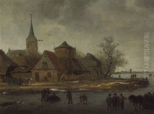 A Frozen River With Figures Putting And Conversing Before A Village - view 1