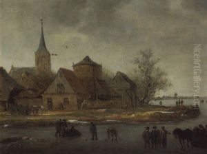 A Frozen River With Figures Putting And Conversing Before A Village