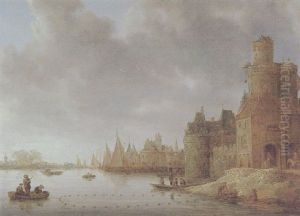 Stadt An Einem Fluss Mit Booten Und Anglern Stadt An Einem Fluss Mit Booten Und Anglern