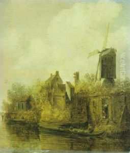Flusslandschaft Mit Windmuhle Und Boot by Jan Coelenbier