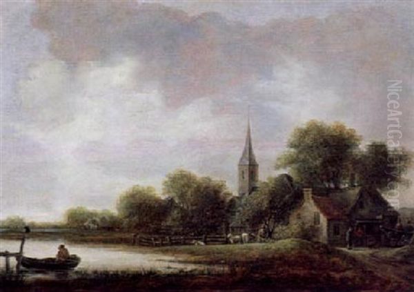 Dorf An Einem Flus Mit Einem Angler Und Bauern - view 1