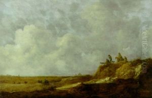 An Extensive Landscape With Peasants On A Sandy Bluff, A Church In The Distance by Jan Coelenbier