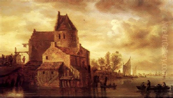 A River Landscape With Fishermen In A Boat By Some Buildings - view 1