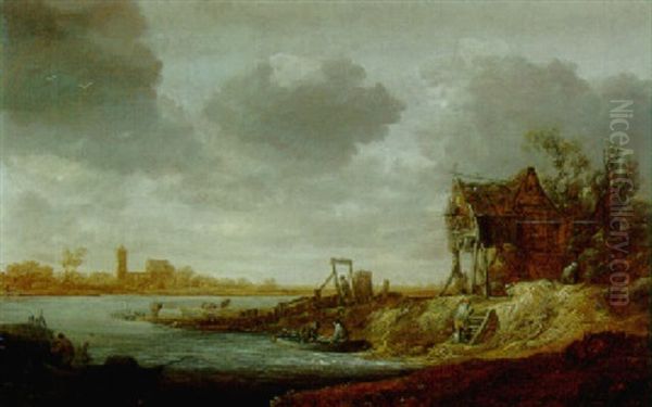 River Landscape With Peasants In A Boat And By A Cottage, A Church Beyond - view 1