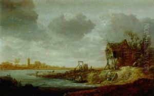 River Landscape With Peasants In A Boat And By A Cottage, A Church Beyond River Landscape With Peasants In A Boat And By A Cottage, A Church Beyond