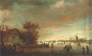 A Frozen River With Townsfolk Skating And Playing Colf