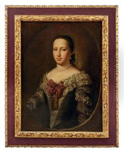 Portrait Of A Lady In A Lace-trimmed Dress, A Pink Bow At Her Corsage