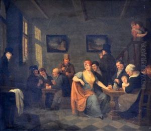 Scene D'interieur Aux Joueurs Et Famille by Constantinus-Fidelio Coene