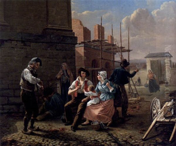 The Three Stages Of Life - Workmen Enjoying Lunch With Their Families At A Building Site - view 1