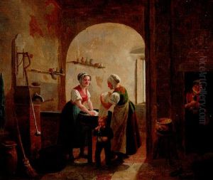 Washerwomen In A Sunlit Basement With A Young Boy Blowing Bubbles
