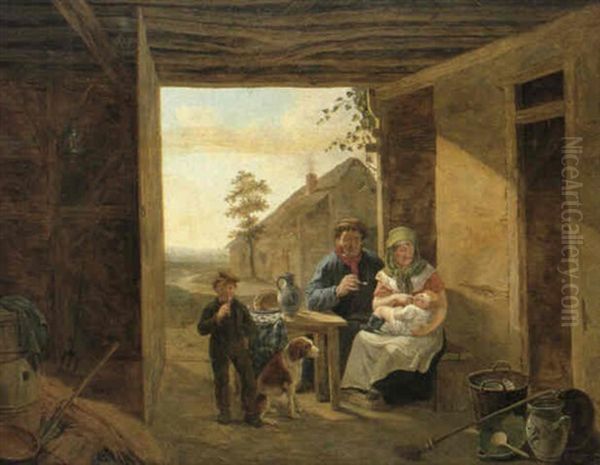 Bauernfamilie, In Einer Scheune Am Tisch Sitzend - view 1
