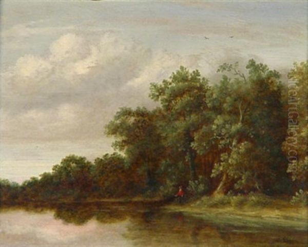 Musestunde. Einsamer Angler An Von Baumen Gesaumten Flusufer - view 1