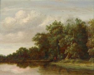 Musestunde. Einsamer Angler An Von Baumen Gesaumten Flusufer
