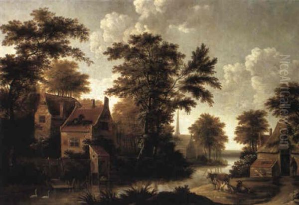 Village On River With Peasants At Cottage - view 1
