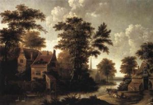 Village On River With Peasants At Cottage Village On River With Peasants At Cottage