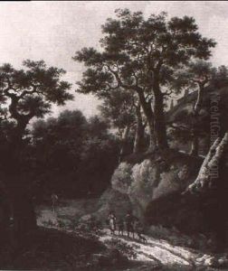 Waldlandschaft Mit Bauern Und Jager Auf Dem Weg Vorn Waldlandschaft Mit Bauern Und Jager Auf Dem Weg Vorn