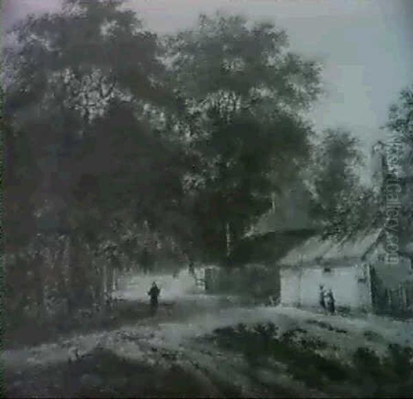 Figures Outside A Cottage By A Country Road - view 1