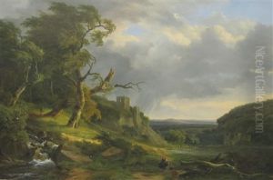 An Extensive Landscape With A Mother And Child On A Path By A Stream by Jean Baptiste Coene