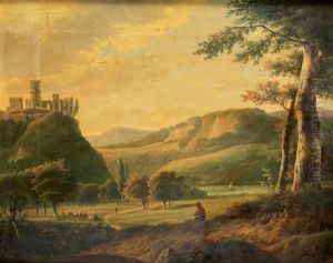 Paysage De Campagne A La Riviere Surmonte Par Les Ruines D'un Chateau-fort by Jean Baptiste Coene