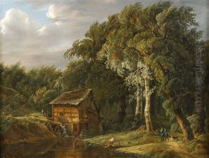 Lisiere De Bois Avec Chasseurs Et Pecheur Le Long D'une Riviere by Jean Baptiste Coene
