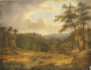 Paysage. Chaumieres Et Clocher Dansune Petite Vallee