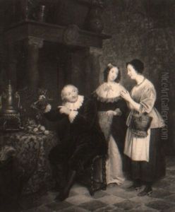 Two Women And A Man In An Interior by Jean Henri de Coene
