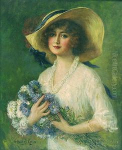 Portrait Of A Young Woman Holding A Bouquet Of Flowers by William Haskell Coffin
