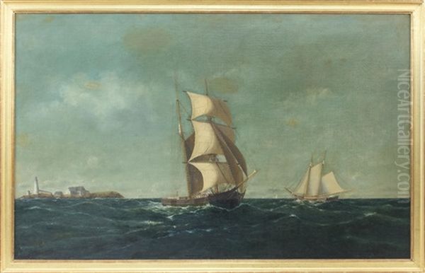 A Brigantine And American Schooner Under Full Sail Off Boston Light - view 1