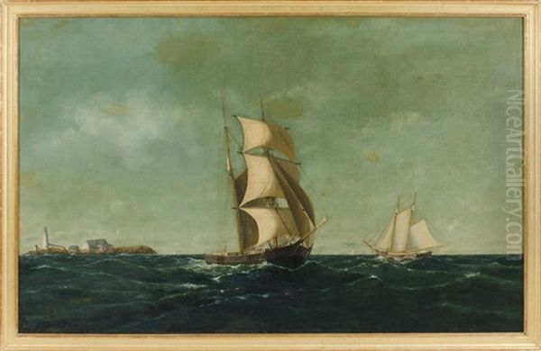 Brigantine And American Schooner Under Full Sail Off A Lighthouse - view 1