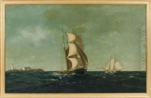 Brigantine And American Schooner Under Full Sail Off A Lighthouse by William Henry Coffin