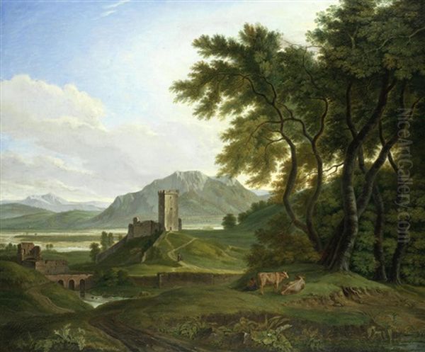 An Extensive Landscape With Ruins And Cattle - view 1